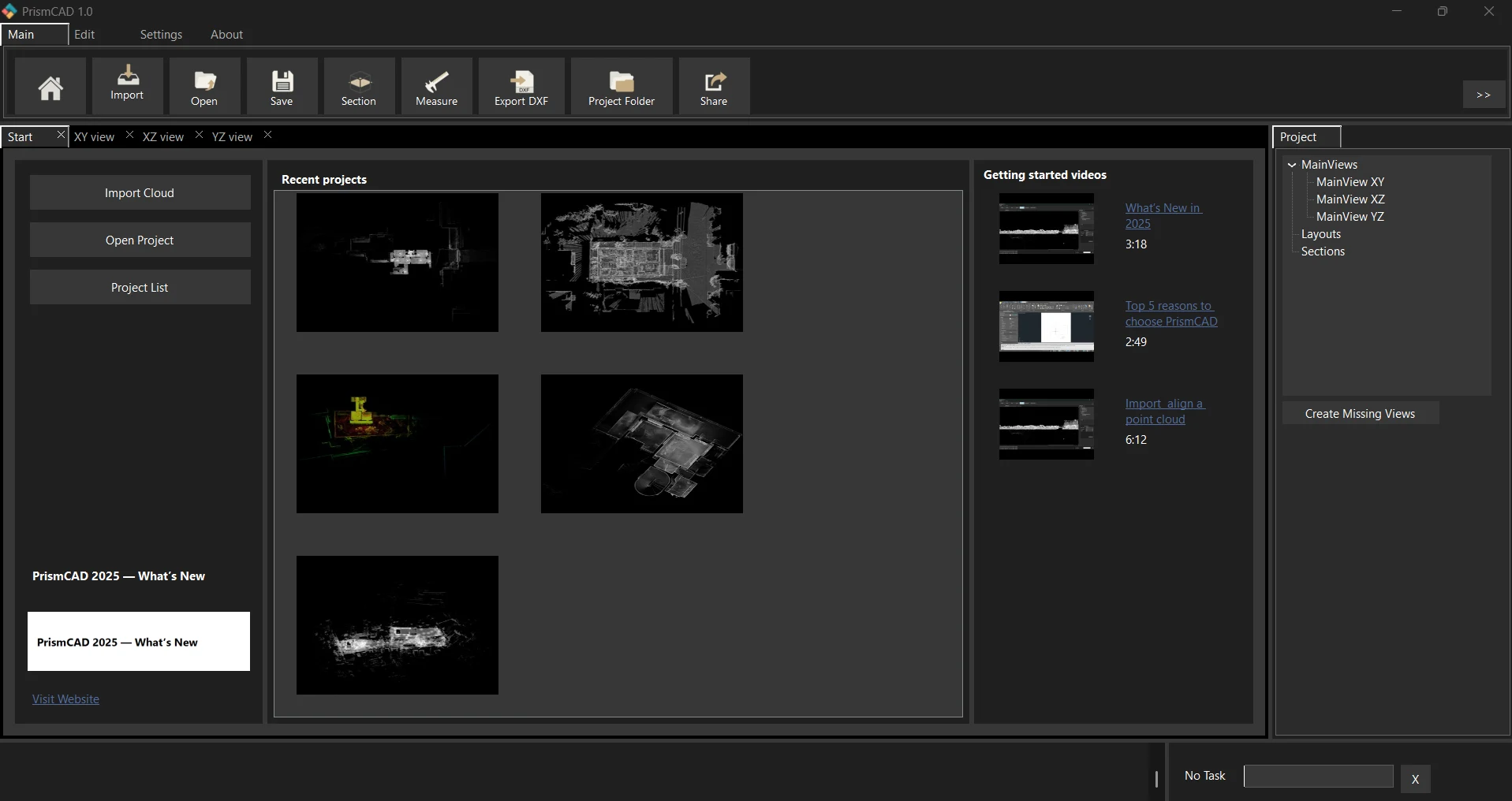 PrismaCAD start page showing recent projects and getting started videos